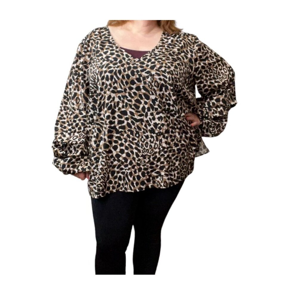 Eloquii Size 26 Leopard‎ Print V-Neck Blouse Neck Black Beige Brown